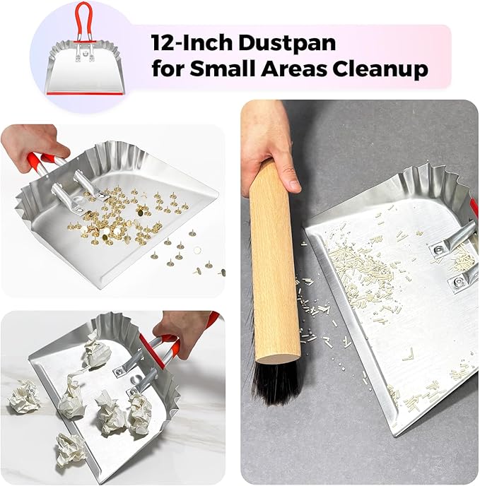2 Pack Metal Dust Pan 17 and 12 Aluminum Heavy Duty Dust Pans with Non-Slip Rubber Handle Large and Small Dustpan Set Lightweight for Sweeping Garage Leaf Household &amp Outdoor Cleaning