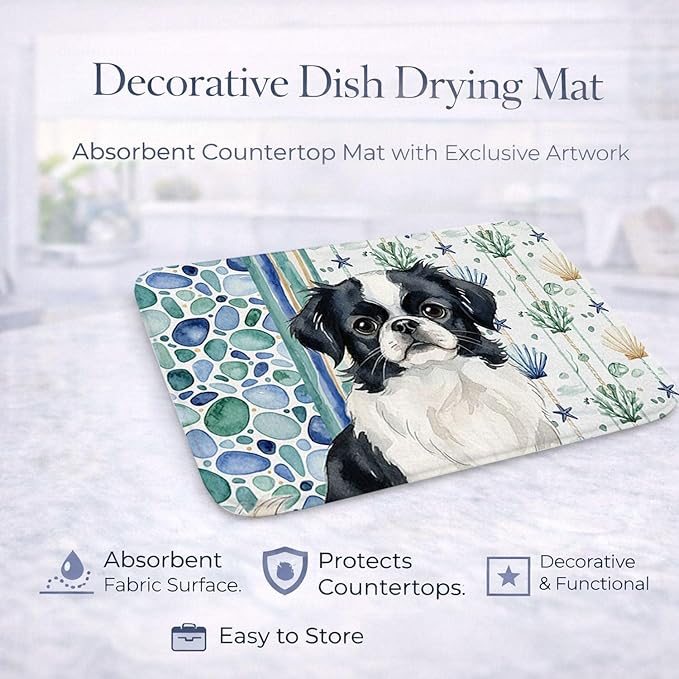 Caroline's Treasures Black and White Japanese Chin Coastal Sea Glass Dish Drying Mat Absorbent Dish Drying Mat Pad for Kitchen Counter Dish Drainer Mat for Countertop 14 x 21 Multicolor