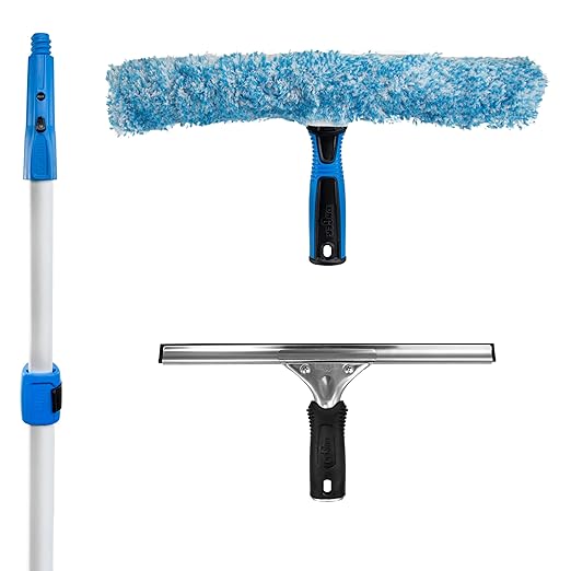 Unger Professional Connect and Clean Total Pro Cleaning Kit All-in-One Household Window Washing with Streak-Free Results Includes 12” Squeegee 14” Scrubber Washer Telescopic Pole Extends Up to 6’