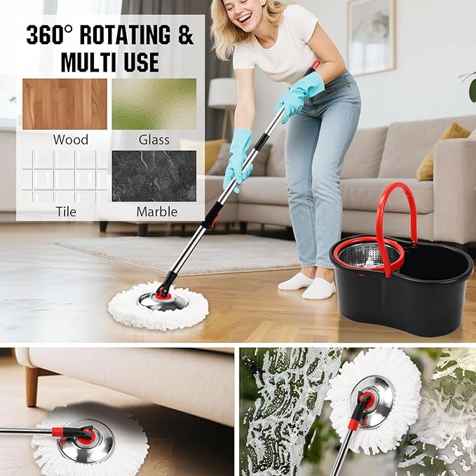 Spin Mop and Bucket with Wringer Set 360° Spinning Mop Bucket System with 3 Microfiber Mop Replacement Heads and 51 Stainless Steel Adjustable Handle for Floor Cleaning (15QT)