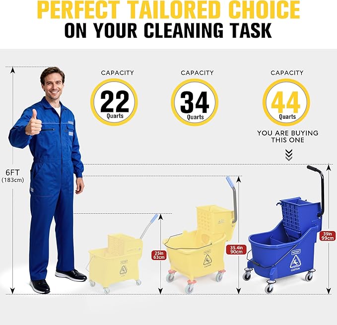 Matthew Cleaning Blue 44Quart Commercial Mop Bucket INCL.Wet String Mop&amp 19'' Industrial Wet Floor Sign with Side Press Wringer On WheelsTandem Portable Floor Cleaning WavebrakeIdeal for Househo