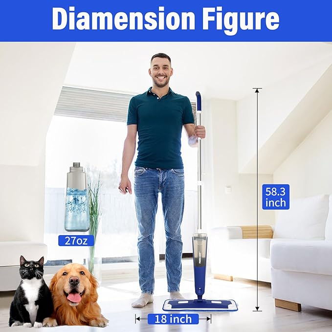 Mop for Multi-Purpose Floor Premium Spray Mop 18 inch Professional Hardwood Wet and Dry Cleaning Mops with 3 Resuable Pads and Refilled Bottle Blue