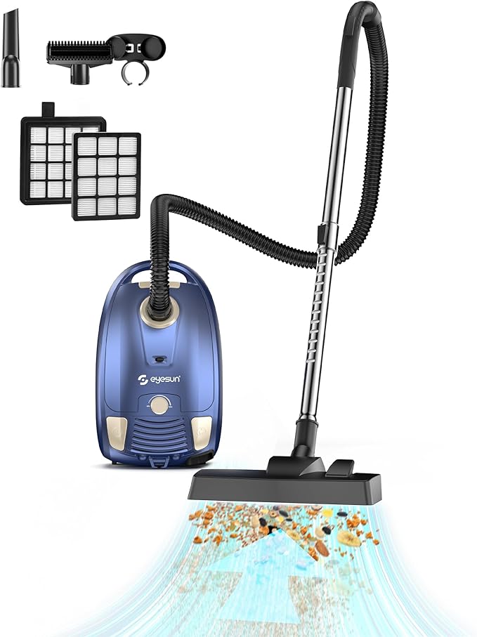 Bagged Canister Vacuum Cleaner1400W Powerful High-Suction Bagged Canister Vac with 3.7QT Dust BagsPop-N-Go BrushHEPA FilterDual Motors&amp4 Cleaning ToolsPerfect for Low-Pile Carpets&ampHard Fl