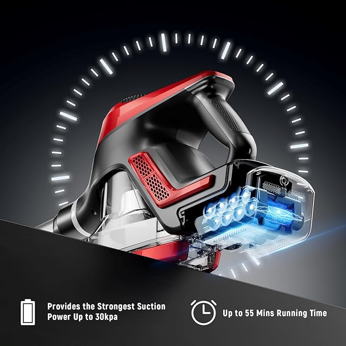Cordless Vacuum Cleaner for Home Stick Vacuum 40Kpa Smart Display &amp 1.5L Dust Cup MAX 40mins Runtime Rechargeable Lightweight Handheld Vavuum for Pet Hair/Carpet/Hardwood Floor/Car (Crimson)