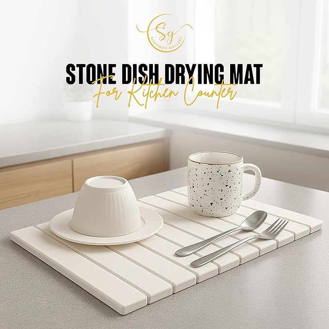 Large Stone Dish Drying Mat for Kitchen Counter Instant Drying Pad Super Absorbent Foldable Dish Drying Mat 24×16 White
