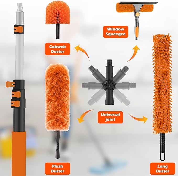 16FT Reach High Ceiling Duster Kits with 3-12FT Adjustable Pole - Includes Extra Long Duster High Ceiling Duster Rotatable Window Squeegee &amp Cobweb Duster for Ceiling Fans and Whole House Cleani