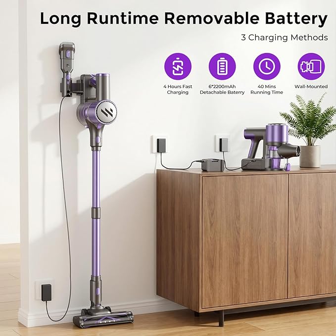Cordless Vacuum CleanerVacuum Cleaner for Home with Brushless MotorLightweight Stick Vacuum with Self-Standing and Touch ScreenHardwood Floor Vacuum for Pet HairCarpetsTile(Purple)