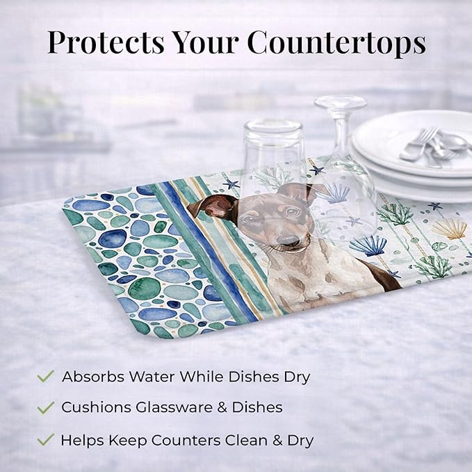 Caroline's Treasures Chocolate and White Rat Terrier Coastal Sea Glass Dish Drying Mat Absorbent Dish Drying Mat Pad for Kitchen Counter Dish Drainer Mat for Countertop 14 x 21 Multicolor