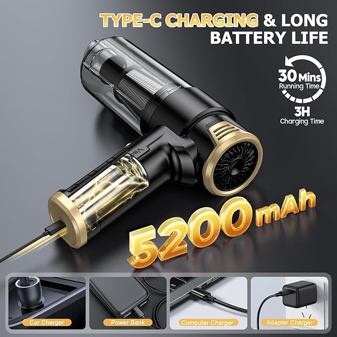 JONYJ Handheld Car Vacuum Cleaner Cordless 16000PA Hand Held Vacuum Portable 2 in 1 Air Duster and Mini Vacuum Cleaner Rechargeable with LED Multi-Nozzles &amp Washable Filters for Home Office Car