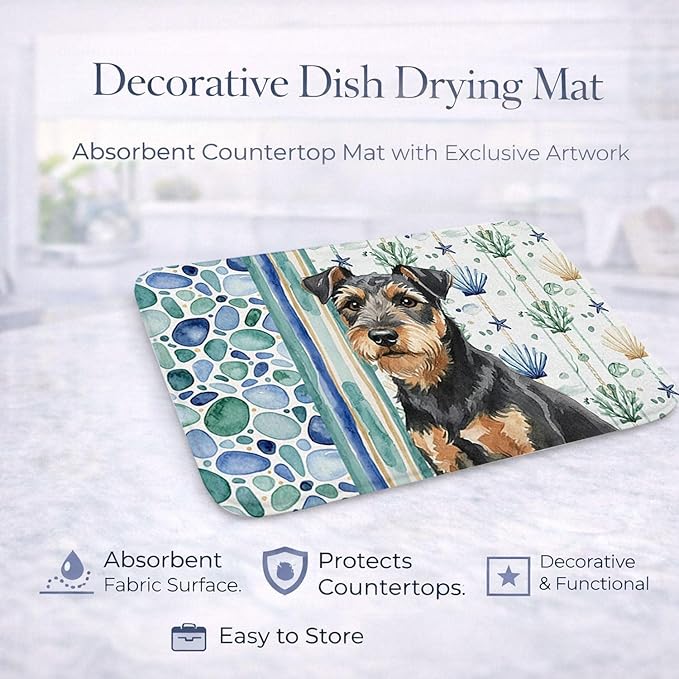 Caroline's Treasures Black and Tan Lakeland Terrier Coastal Sea Glass Dish Drying Mat Absorbent Dish Drying Mat Pad for Kitchen Counter Dish Drainer Mat for Countertop 14 x 21 Multicolor