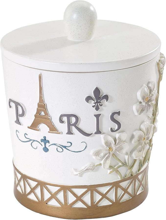 Avanti Linens - Covered Jar Hand Painted Resin Countertop Accessories Chic Bathroom Decor (Paris Botanique Collection)