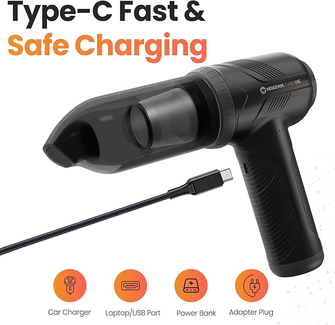 Hedgehog TurboVAC 3 in 1 Portable Car Vacuum Cleaner Blower &amp Air Pump - Hand Held Vacuum Cleaner for Car with USB C Rechargeable 14000PA Powerful Suction Lightweight Dust Buster for Home &amp