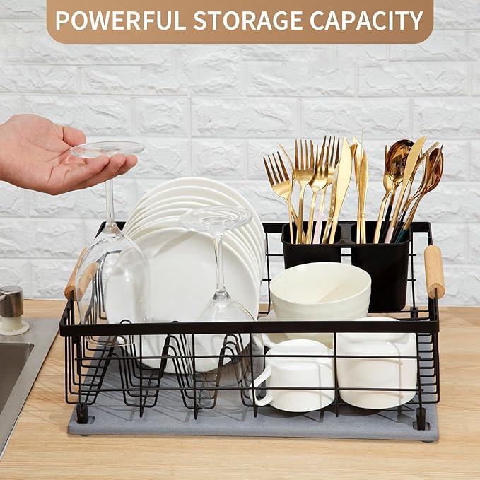 Dish Drying Rack with Stone Drying Mat Dish Drainer and Diatomaceous Earth Dish Mat Dish Drainers for Kitchen Counter with Stone Dish Mat