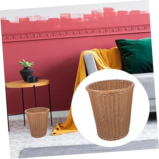 Rust-Resistant Iron Trash Can Woven Rattan Imitation Wastebasket Decorative Round Waste Bin for Office Home and Bedroom Handcrafted Design No Lid