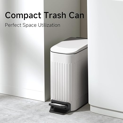 TIPGO Slim Bathroom Trash Can with Lid Soft Close Step Pedal 6 Liter / 1.6 Gallon Stainless Steel Trash Bin Small Garbage Cans for Bedroom Office Kitchen (White)