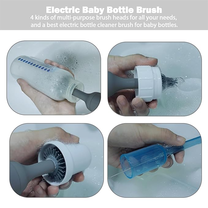 Electric Baby Bottle Brush Set with Rechargeable Electric Bottle Brush Cleaner and Replaceable Silicone Bottle Brushes and Straw Brush Cleaner Waterproof Multi-Purpose Cleaning Brush（Grey）