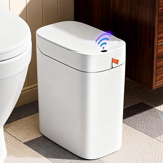 MOPUP Bathroom Trash Can Automatic Bagging Garbage Can 3.5 Gallon Slim Smart Small Plastic Trash Bin Narrow Motion Sensor Trash Can for Bedroom Office White