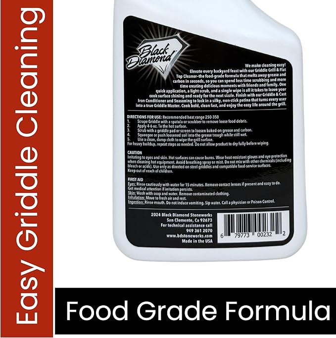 Black Diamond Stoneworks Griddle &amp Grill Cleaner – Flat Top Griddle Cleaner Non-Caustic Food-Contact Safe Unscented Residue-Free Stainless &amp Cold-Rolled Steel 32 fl oz (32)