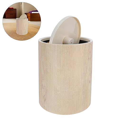Garneck Large Wood Grain Plastic Trash Can with Flip Top Lid Space-Saving Round Farmhouse Wastebasket for Bedroom Dining Room Kitchen Noiseless Bin for Office Hotel Households