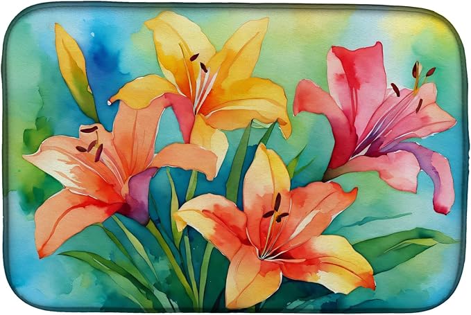 Caroline's Treasures DAC1585DDM Lilies in Watercolor Dish Drying Mat Absorbent Dish Drying Mat Pad for Kitchen Counter Dish Drainer Mat for Countertop 14 x 21 Multicolor