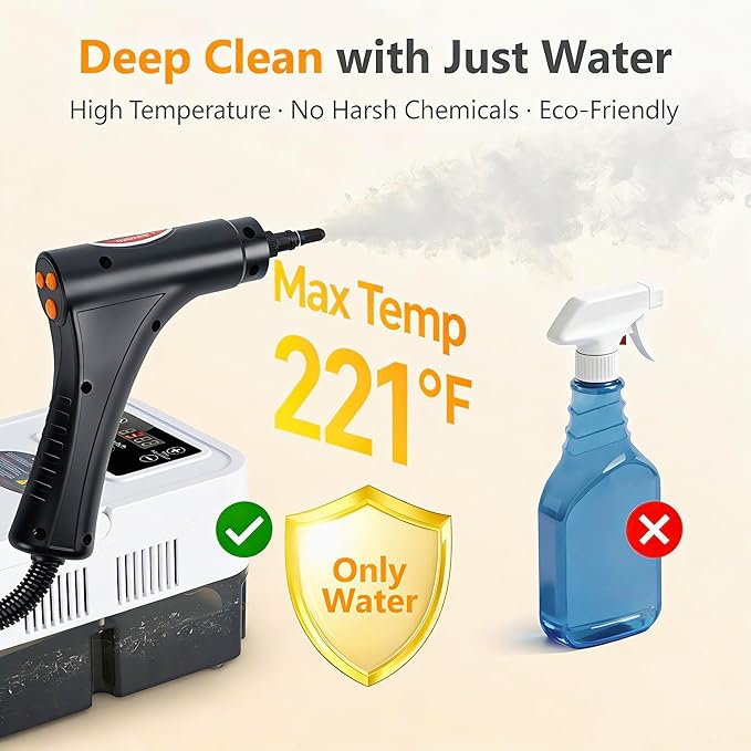 Steam Cleaner for Home &amp Car 15s Fast Heat-Up 1.2L Large Tank 221°F High-Temp Portable Handheld Steamer for Deep Cleaning Grout Tile Grease Floors &amp Sanitizing Furniture Couch Car Deta