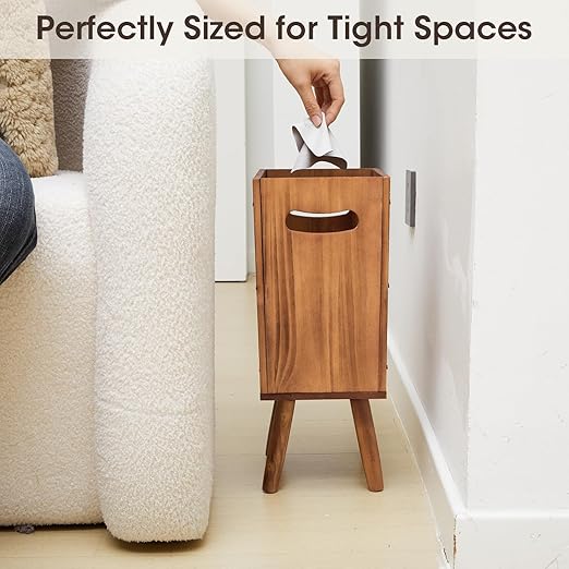 Ctosree 3 Gallons Wooden Wastebasket with Lid Wood Trash Can with Handles and Legs Rectangular Garbage Bin for Bedroom Bathroom Kitchen Living Room Office Decorative