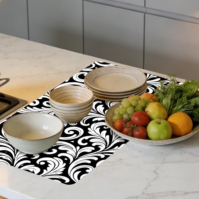 Nuxovilar Coffee Bar Mat Black White Floral Scroll Pattern Dish Drying Pad Natural Rubber Canvas 16.92 x 31.1 inchs Coffee Accessories Counter Surface Beverage Corner Home Cafe