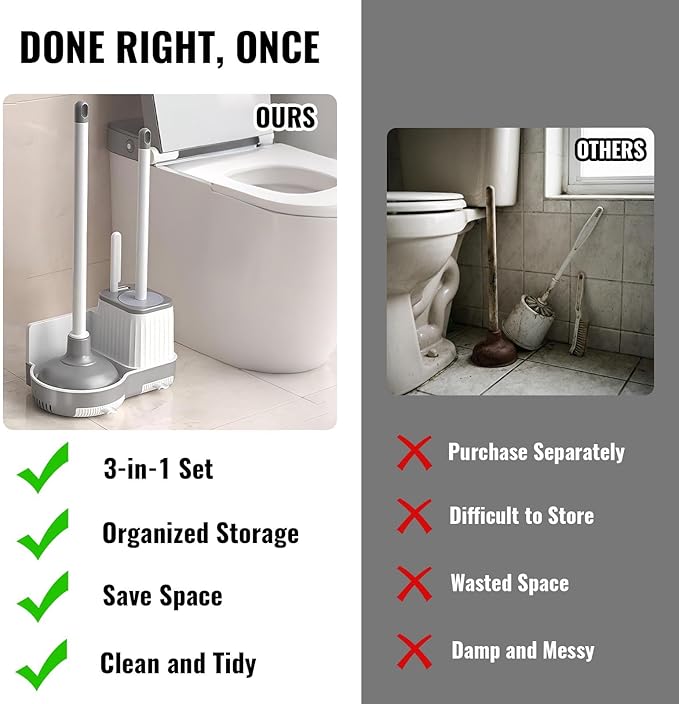 3-in-1 Toilet Brush and Plunger Set with Hidden Holder Vented Stand &amp Drip Tray Hangable or Freestanding 360° Deep-Clean Brush Head + Gap Brush Shatter-Resistant Handles（White）