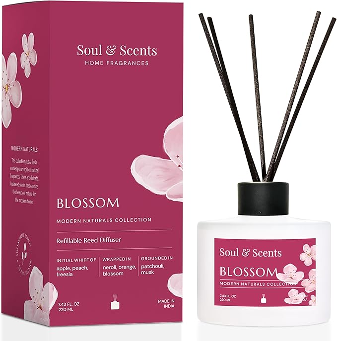Soul &amp Scents Reed Diffuser Set – Blossom | 7.43 oz Refillable Scented Oil with 6 Fiber Sticks | Long-Lasting Home Fragrance &amp Air Freshener for Bedroom Bathroom Office | Gift &amp Décor Pi