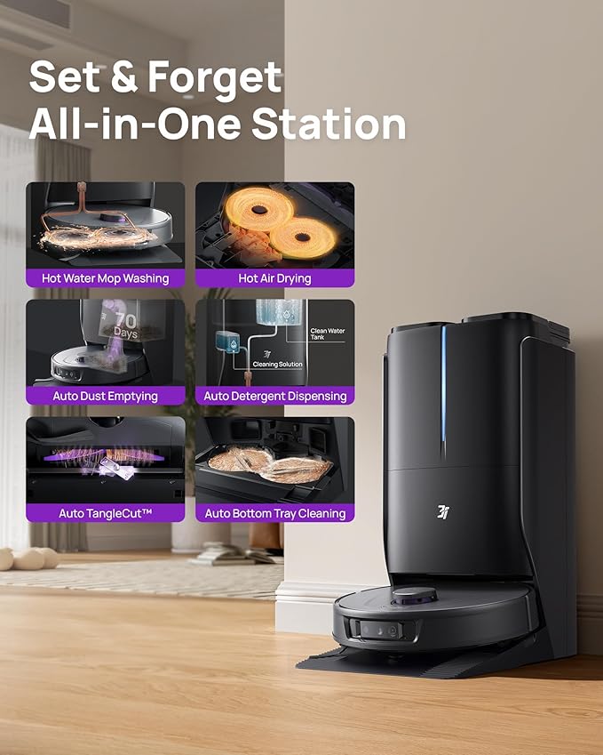 3i P10 Ultra Robot Vacuum and Mop Combo 18000 Pa Suction Self-Emptying Auto-Extending Edge Mopping 140℉ Hot-Water Self-Cleaning LiDAR Navigation Automatic TangleCut for Pet Hair 4 Carpet Modes