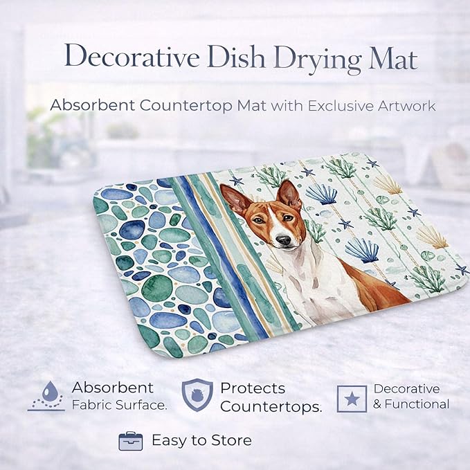 Caroline's Treasures Red and White Basenji Coastal Sea Glass Dish Drying Mat Absorbent Dish Drying Mat Pad for Kitchen Counter Dish Drainer Mat for Countertop 14 x 21 Multicolor