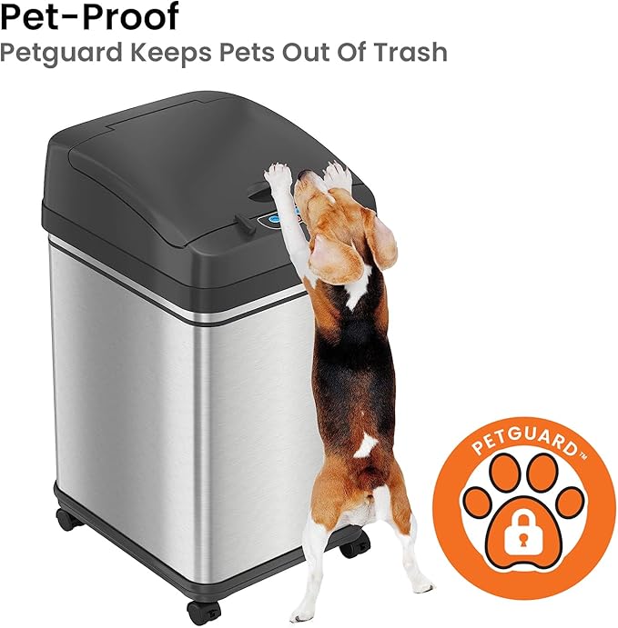 iTouchless 8 Gallon Pet-Proof Sensor Trash Can with AbsorbX Odor Filter Kitchen Garbage Bin Prevents Dogs &amp Cats Opening Lid Stainless Steel plus PetGuard Battery and AC Adapter (Not Included)