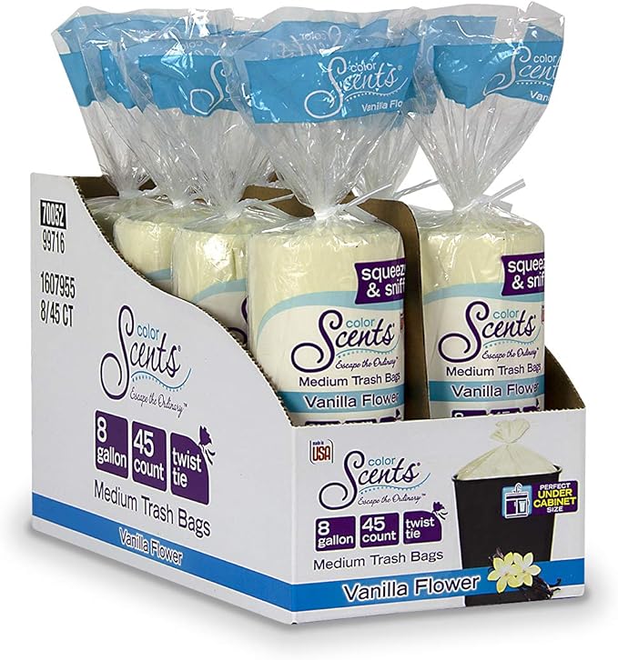 Color Scents Medium Trash Bags - 8 Gallon 360 Total Bags (8 Packs of 45 Count) Twist Tie - Ivory bag in Vanilla Flower Scent