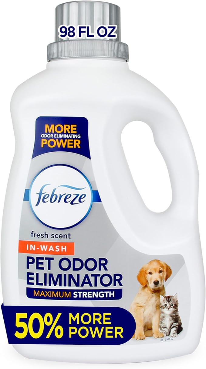 Febreze Laundry Detergent Additive for Pet Supplies Maximum Strength In Wash Pet Odor Eliminator Designed to Remove Tough Odors in Fabrics and Clothing in a Single Wash Fresh Scent 98 fl oz