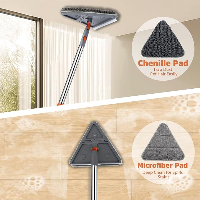 Wall Cleaner Mop with 94 Long Handle 2-in-1 Triangle &amp Rectangle Head with Squeegee 10 Washable Pads Baseboard Cleaner Tool for Walls Scrubber Ceilings Windows Glass Fans Doors Corners