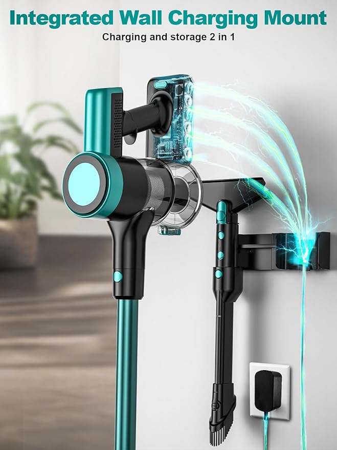 Cordless Vacuum Cleaner 58Kpa Vacuum Cleaners for Home 55Mins Stick Vacuum with Self-Standing &amp LED Display Anti-Tangle &amp Wall Mount Charging (Cyan)
