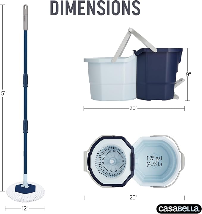 Casabella Spin Mop System with Extra Mop Head Refill - Two-Bucket Design with Splash Guard Built-in Measuring Cup and Scraper Tool with Easy Wring Pedal Spinner 1.25-Gallon Blue