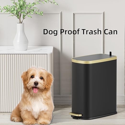 KUK Small Bathroom Trash Can with Lid Soft Close Step Pedal 2.6 Gal Stainless Steel Garbage Can with Removable Inner Bucket Anti-Fingerprint Wastebasket for Office Bedroom Toilet (Black)