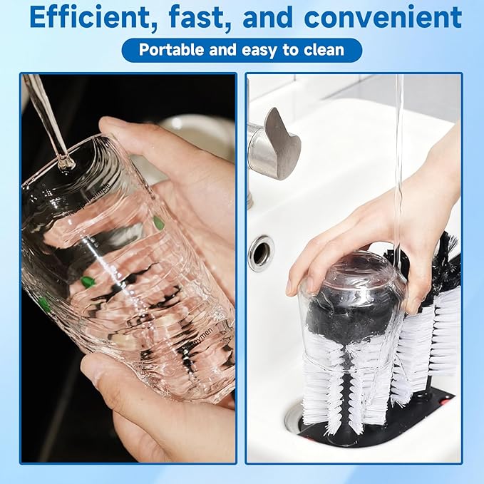 STARVAST 2Pcs Water Bottle Cleaning Brush with Suction Base Black 3 Head Bristle Bar Glass Washer Cup Washer Brush Cleaner for Bar Beer Cup Wine Glass(7.3 x 3.7 x 7.6) Inch