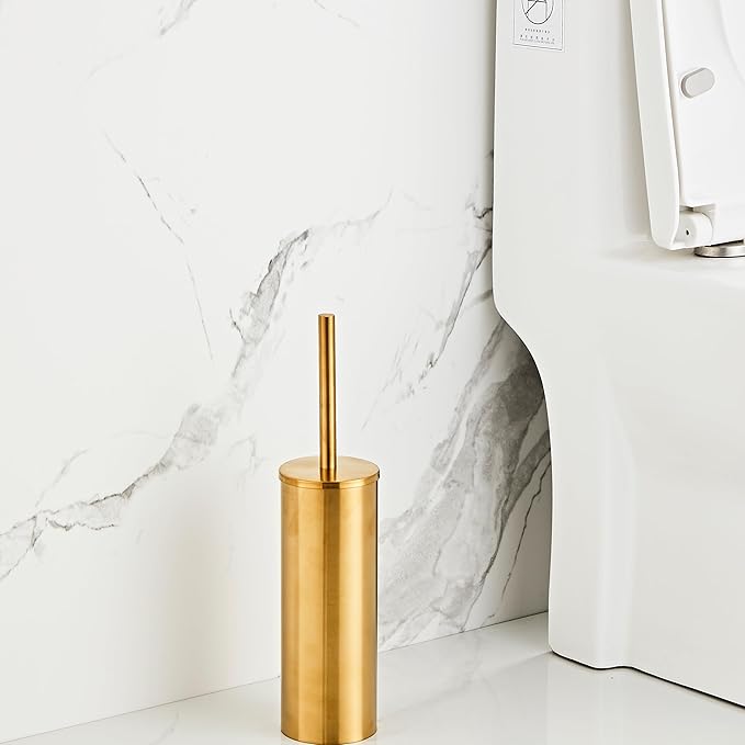 Brushed Gold Toilet Brush and Holder Set - Stainless Steel Toilet Bowl Scrubber with Replaceable Head &amp Splash Guard