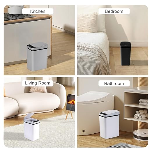 3 Pack Bathroom Trash Can with Lid 2.5 Gallon Small Slim Trashcan Automatic Trash Can Touchless Motion Sensor Waterproof Plastic Trash Bin for Bedroom Kitchen Office Living Room (Black+Gray+White)