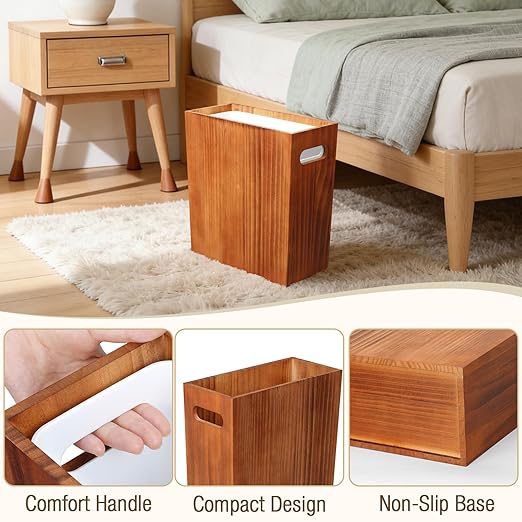 3 Gallon Wood Trash Can Solid Wooden Trash Can with Plastic Liner Handmade Slim Small Trash Can with Handle Fits Narrow Spaces Decorative Wastebasket for Bathroom Bedroom Office Kitchen