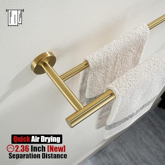 JQK Gold Double Towel Bar 19 Inch 304 Stainless Steel Thicken 0.8mm Towel Rack Bathroom Towel Holder Brushed Gold Wall Mount Useable Length 16 Inch TB100L16-BG