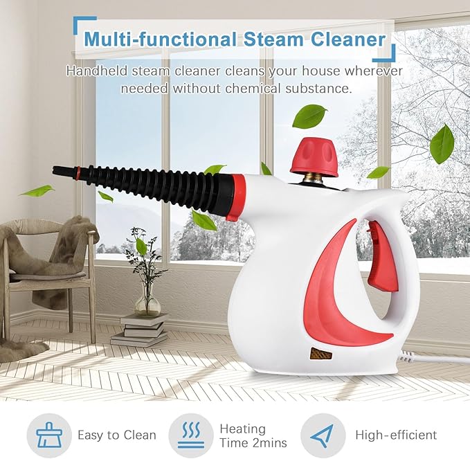 Handheld Steam Cleaner 1050W High Temperature Pressurized Steam Cleaning Machine with 9PCS Accessory Portable Multifunction Steamer for Kitchen Sofa Bathroom Car Window (US Plug)
