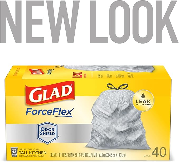 Glad ForceFlex Tall Kitchen Drawstring Trash Bags - OdorShield - 13 gal Capacity - 23.74 Width x 24.88 Length - 0.72 m