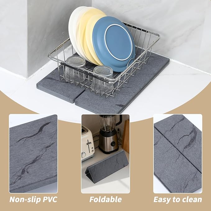 2 PCS Large Stone Dish Drying Mat for Kitchen Counter Diatomaceous Earth Quick Dry Foldable Dish Drying Pad with Anti Slip Mesh Mats(16x24in 4x8in grey)