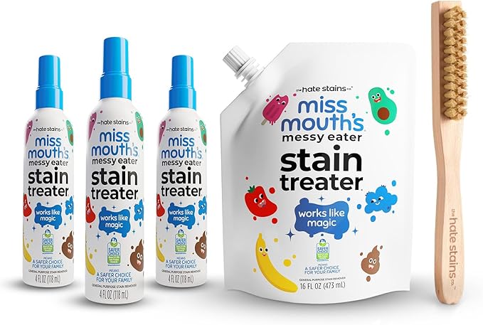 Miss Mouth's Messy Eater Stain Treater Bundle - 4oz Spray 3-Pack 16oz Refill Pouch &amp Laundry Brush - Baby Stain Remover for Clothes &amp Carpet