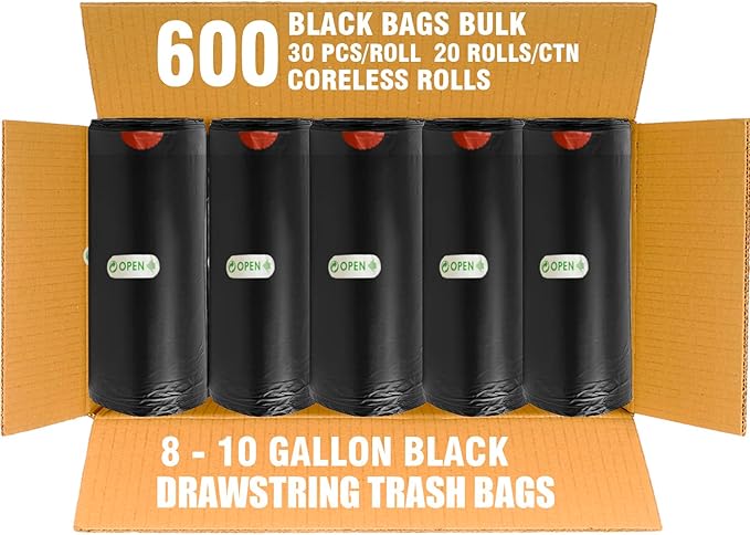 8-10 Gallon Trash Bags Drawstring 600 Count Bulk Black &amp Unscented Multi-purpose Garbage Bags for Business Home Bathroom Kitchen Commercial and Industrial