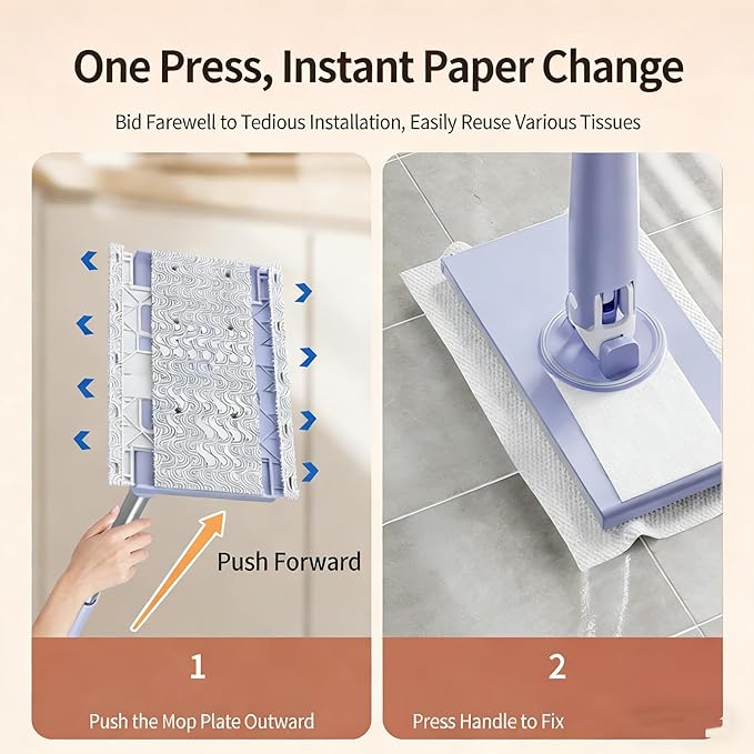 Lazy Mop Wet and Dry Clip No Wash Disposable Dust Push Pull Mini Mop Zero Touch Clever Automatic Cloth Changing Mops with 4 Reusable Cloths for Home (White2)