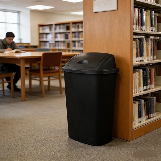 4-Pack 13 Gallon Waste Basket with Swing-Top Lid Black Garbage Bin Commercial Trash Can for Kitchen Outdoor Garage and School Fits 13 Gal Liners
